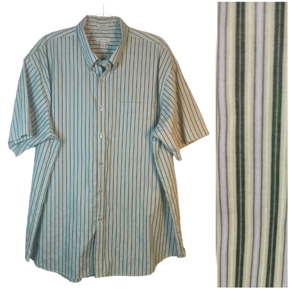 Van Heusen 2XL No Iron Button Down Shirt Short Sleeve Green Stripes 18-18.5